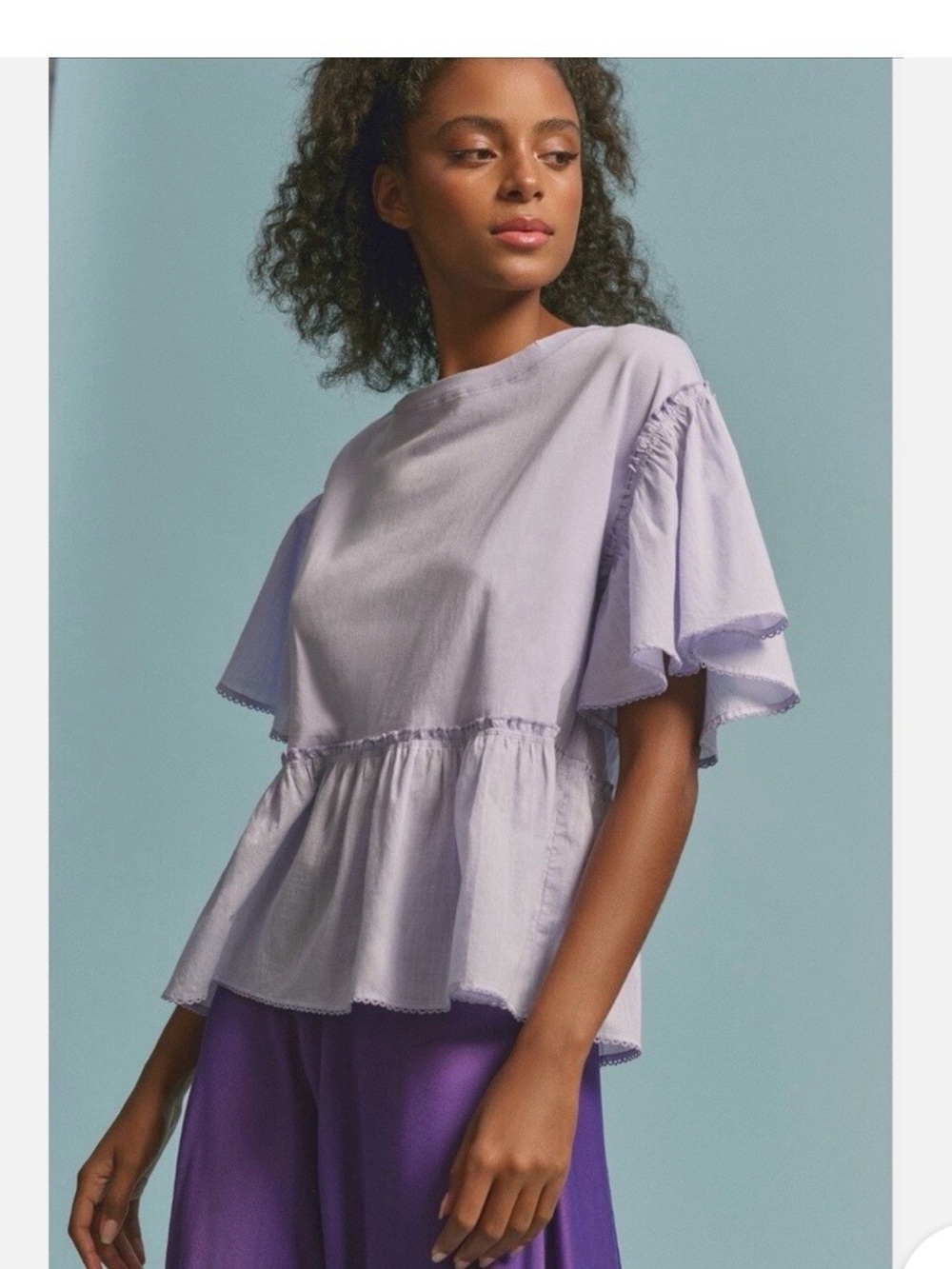 Women's Lilac Peplum Blouse with Flutter Sleeves